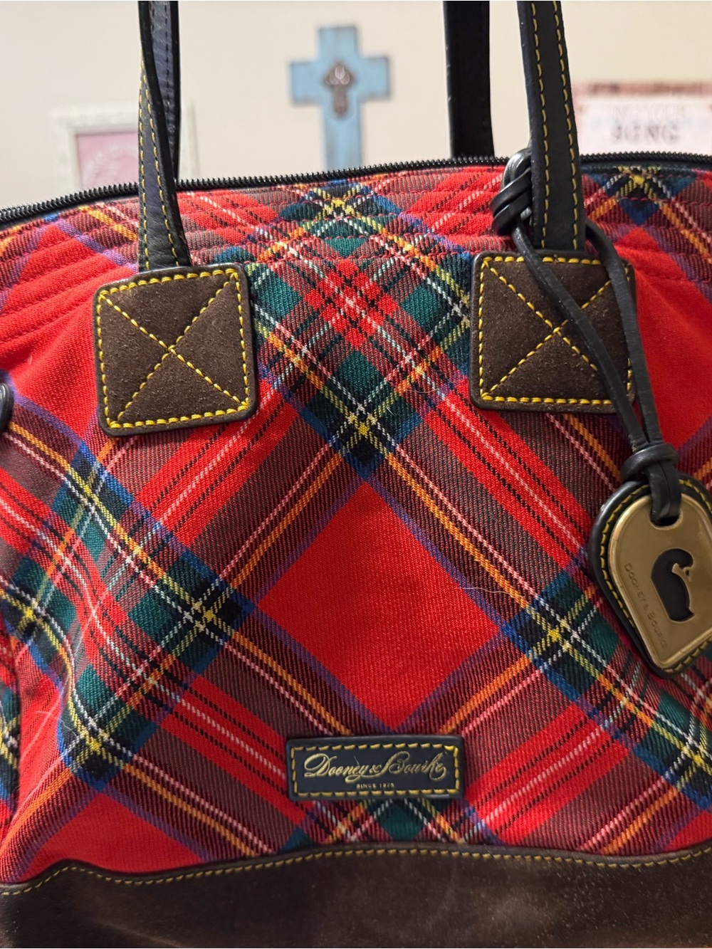 Dooney & Bourke Red Tartan Plaid Tote with Brown Leather Trim